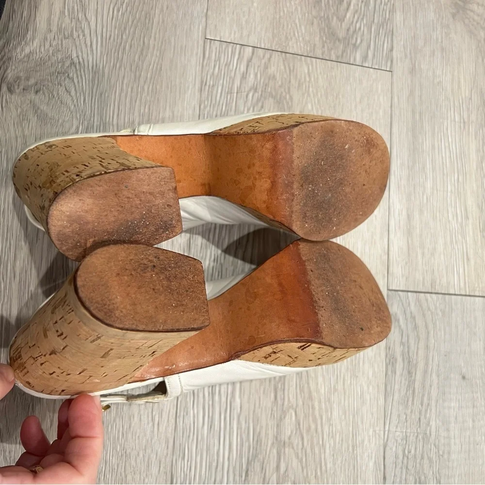 PAVEL Platform Peep-toe Chunky Heels Cork Platform Leather White 6N VINTAGE​